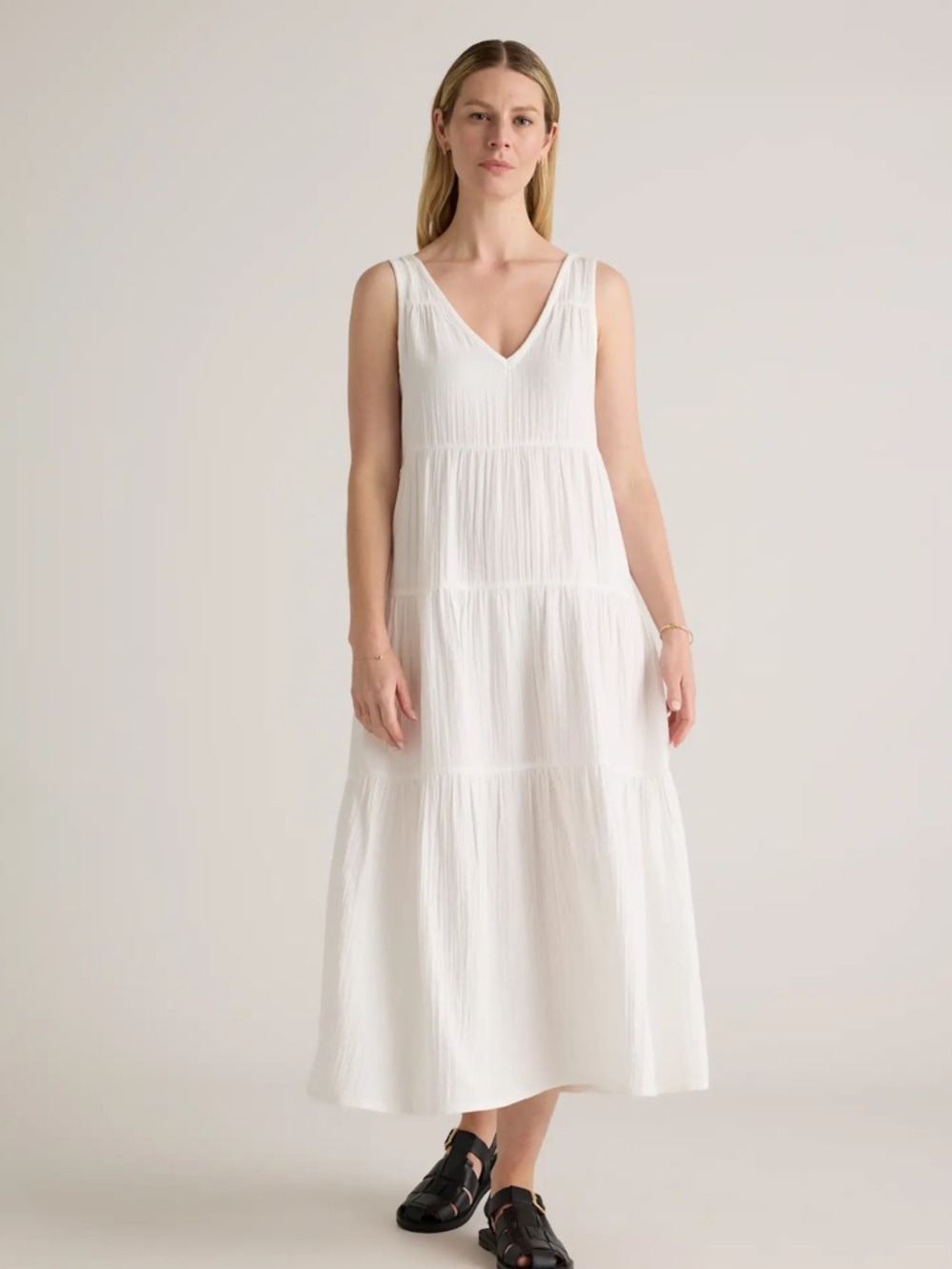 Quince White V-Neck Tiered Maxi Dress